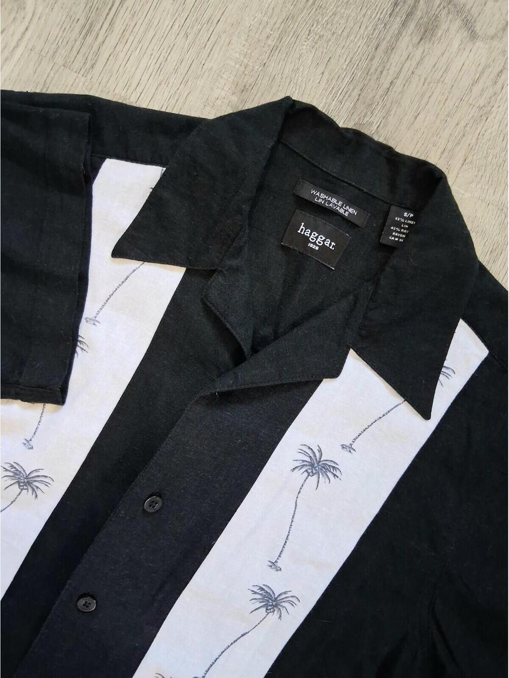 VTG Haggar Men's Sm Black/White Linen Short Sleeve Button Up Charlie Sheen Shirt